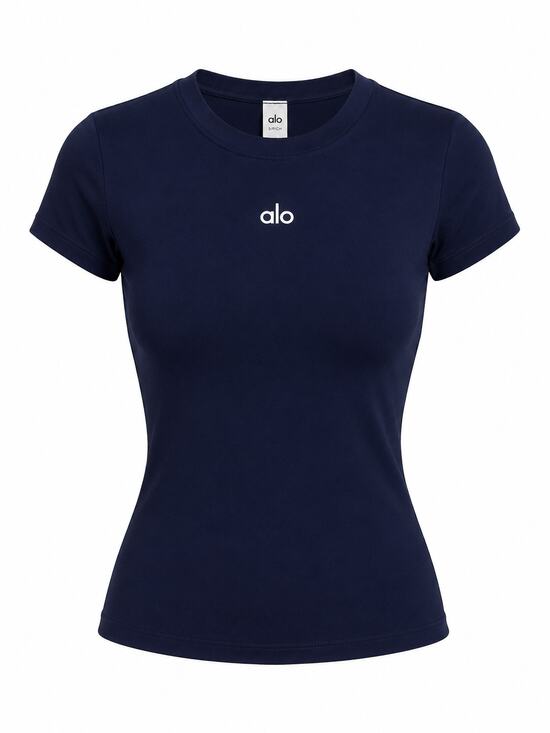 ALO Yoga Tops - Women's Fitted Short Sleeve Athletic T-Shirt Navy Stretch Activewear Top